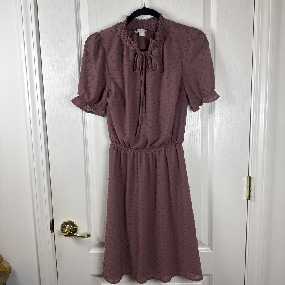 Monteau Los Angeles Mauve Swiss Dot Midi Dress Sz S Puff Sleeve Cottagecore